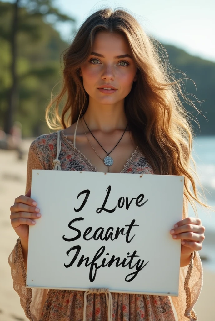 Beautiful girl with wavy long hair, bohemian dress, holding a white board with text "I Love Seaart Infinity" and showing it to the viewer