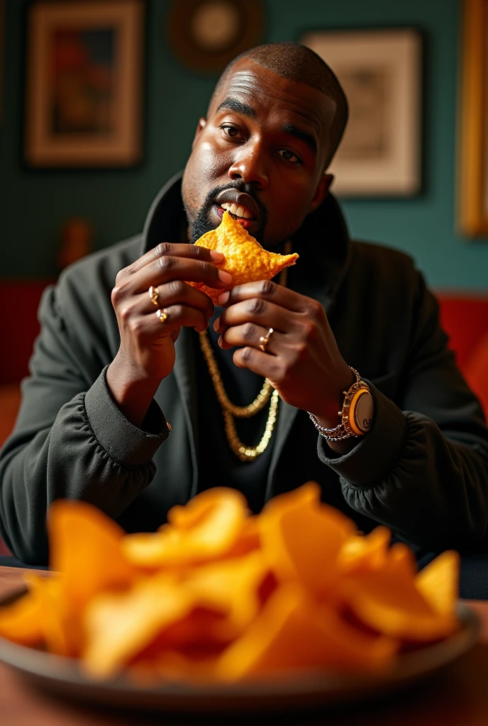 Kanye West eating some Takis with cheese