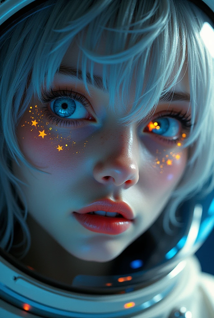 (Close-up of a better masterpiece:1.5)0.9], (Space and astronauts:1.2) (Messy silver hair:1.1) (Heterochromia xanthochromia and blue eyes:1.2) (Space Helmet:1.0) (Colored stars in the eyes:1.0) (A radiant glow:1.1) (thick lips:0.9)