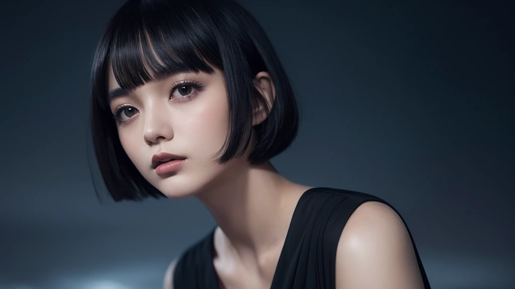 Delicate and dainty young woman with shiny bob-cut black hair . She is wearing black dress. The background is a fantastic and ethereal night sky that seems to be haunted by a specter. Her expression is stern and atmospheric. Angle from directly below.