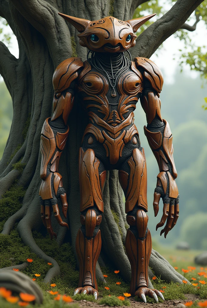 Make a 10 meter creature next to a tree, the creature is humanoid and the skin is a type of wood, instead of a head it has two sirens, with wires connecting the torso with the head