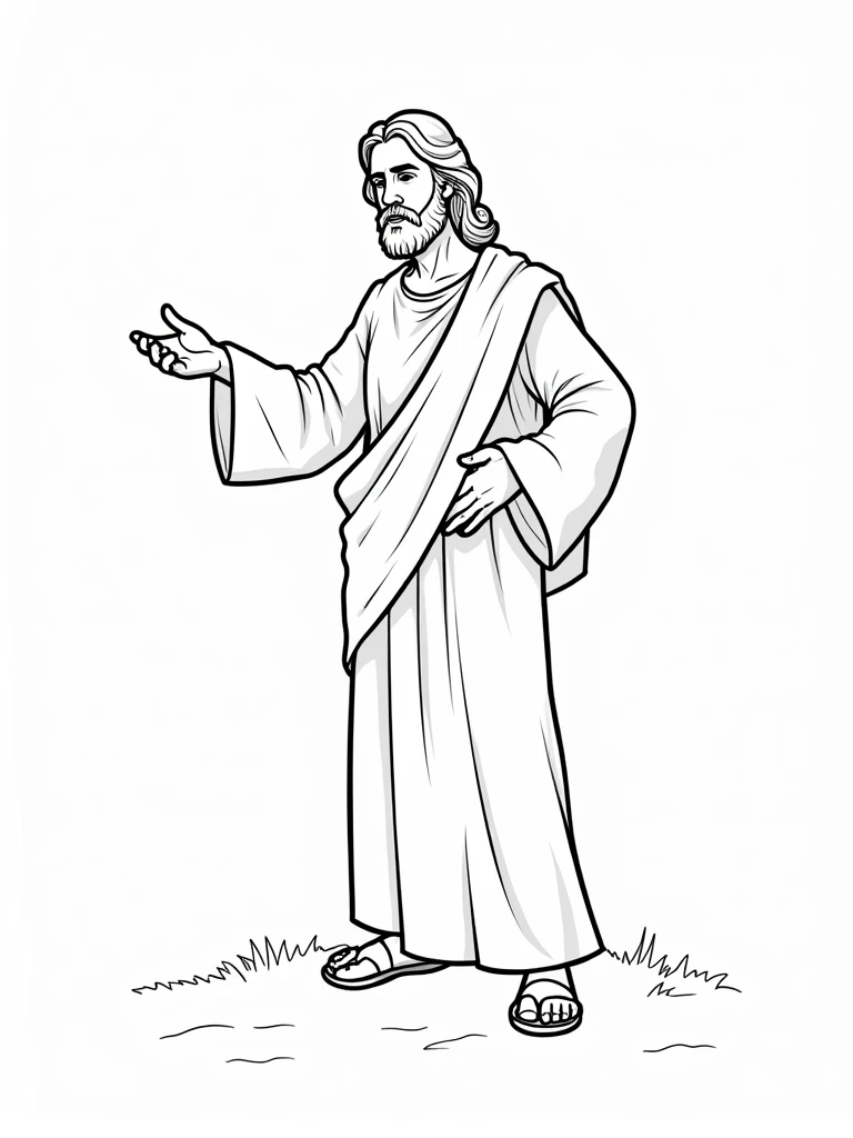 Coloring page of a Jesus, cartoon style, thick lines, no color, write background, only strokes.