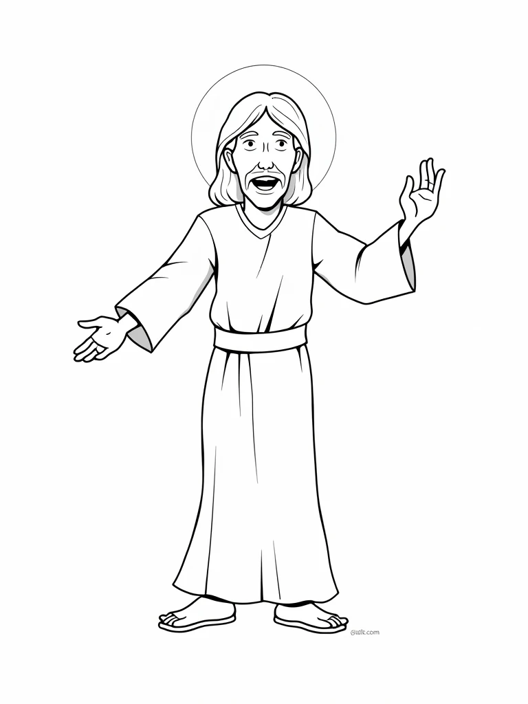 Coloring page of a Jesus, cartoon style, thick lines, no color, write background, only strokes.