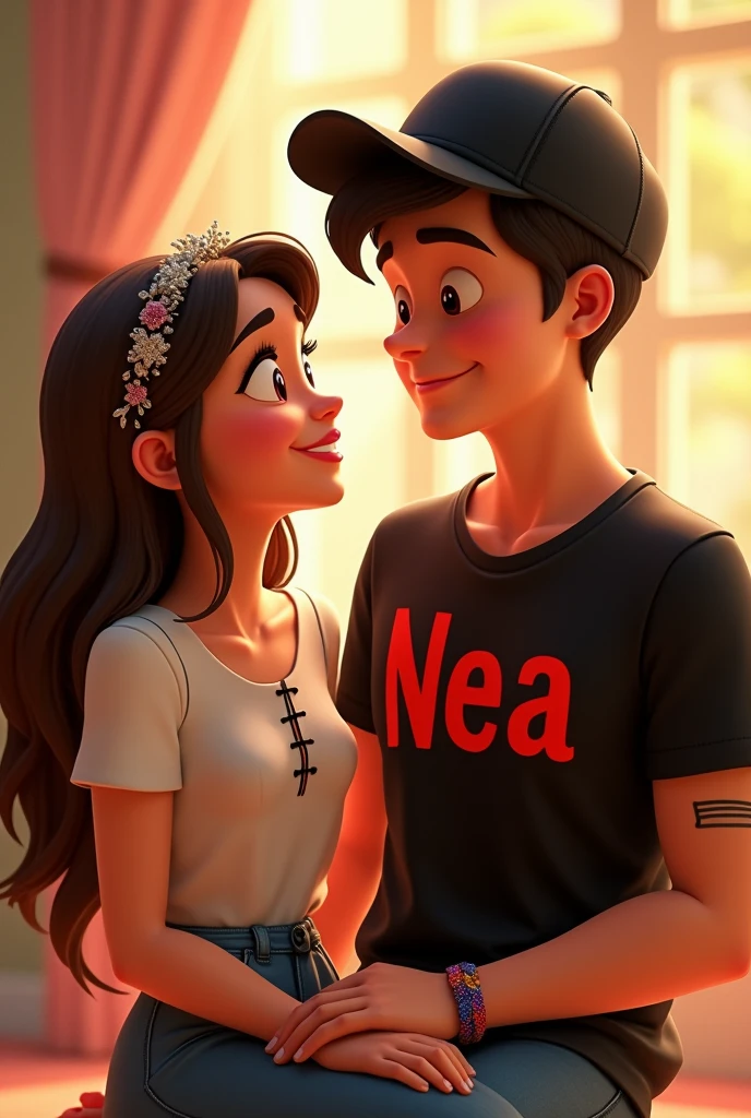 A Disney or Pixar couple Description of the groom,He is sitting on the right side wearing a black cap ,a black shirt with letters that say Nea and they are red but only the shirt, the cap does not have letters,He has a tattoo of two lines on his right arm and the tattoo is located below the elbow. He also wears a rija bracelet with knots. Description of the bride:She is sitting on the left side, she has her hair down and is wearing a white blouse with a black closure in the middle of her chest.