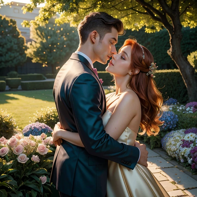 (​masterpiece, best quality:1.5), highest quality, High resolution, super detailed, Realists, Upper body photo of a red-haired flower girl and a boy in a suit, detailed and beautiful eyes, beautiful detailed lips, very detailed eyes and face, longeyelashes, Young girl in a short dress made of shiny green satin fabric, Beautiful and colorful makeup, elegant and noble々Pose,shiny satin headband, grind, Holding flowers, Gardens as background, soft daylight, bright colors, fine brushstrokes, Portrait style, Noble details in the dress fabric, beautiful color palette, glowing skin, First-class rendering, that captures every detail, enchanting atmosphere, subtle shadows and lights, (perfect anatomy:1.2), (The stunning flower girl is in love with a boy in a grey suit. Exchange glances. First kiss. Grabs the hips from behind (magnificent panorama view:1.2)