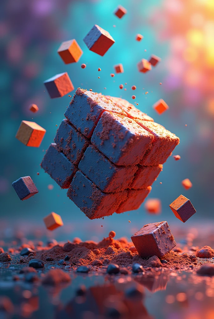 Make an image of a disintegrated cube whose smaller pieces grouped together as two, three and four are floating, with many colors that appear to be moving away but leave part of the cube complete, that is, make an interpretation of the assembly of a cube.