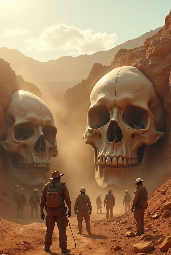 An archaeological team is seen excavating in a remote desert. The sun casts long shadows as they uncover enormous human skulls, far larger than any known human skulls. The team exchanges astonished looks. Dust swirls around, adding to the mysterious atmosphere.
The stage is set with a cozy interview setup, with two chairs, a small table, and soft lighting