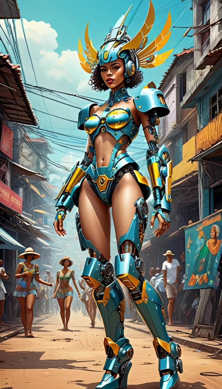 Intricate illustration in surrealist art style,mecha girl,Brazilian women, Cyborg in brazilian samba festival style, full background