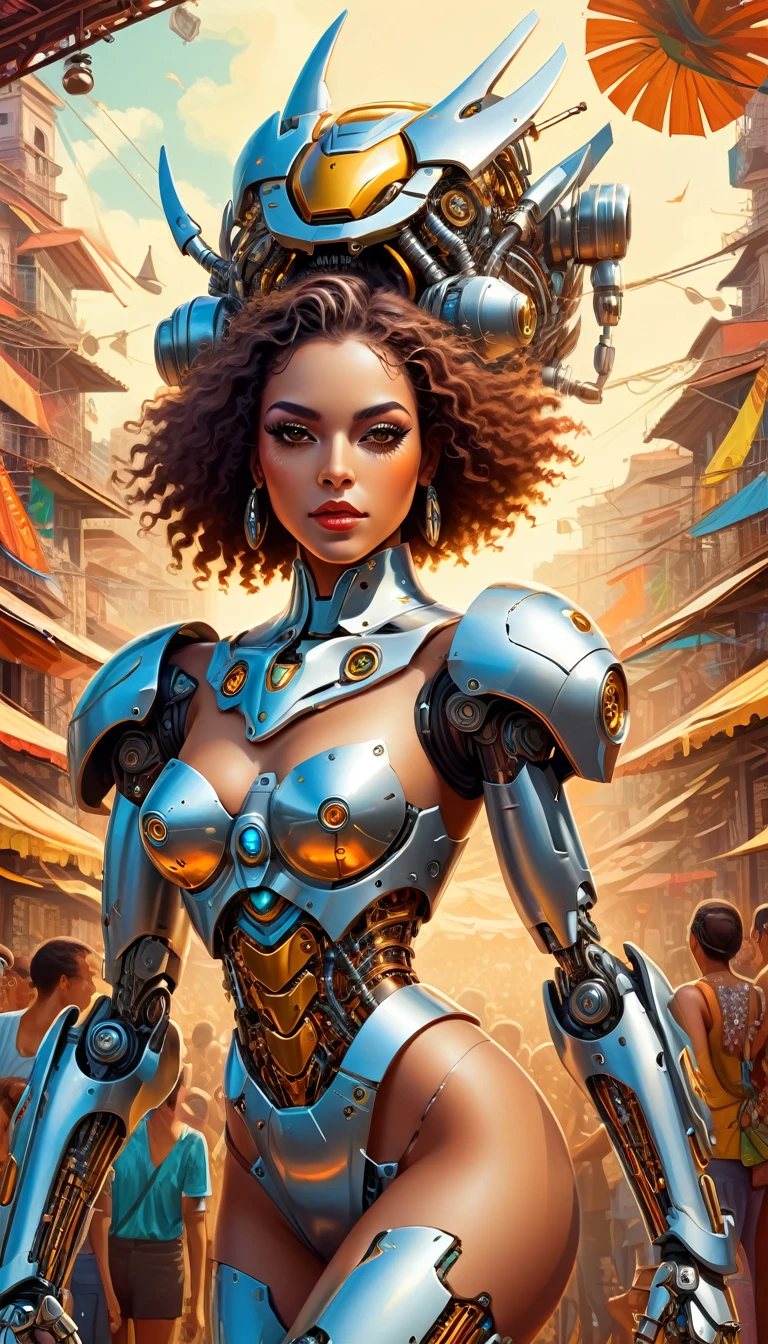 Intricate illustration in surrealist art style，mecha girl，Brazilian women, Cyborg in brazilian samba festival style, full background