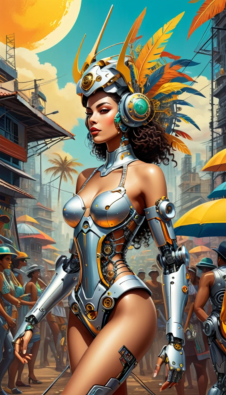 Intricate illustration in surrealist art style,mecha girl,Brazilian women, Cyborg in brazilian samba festival style, full background