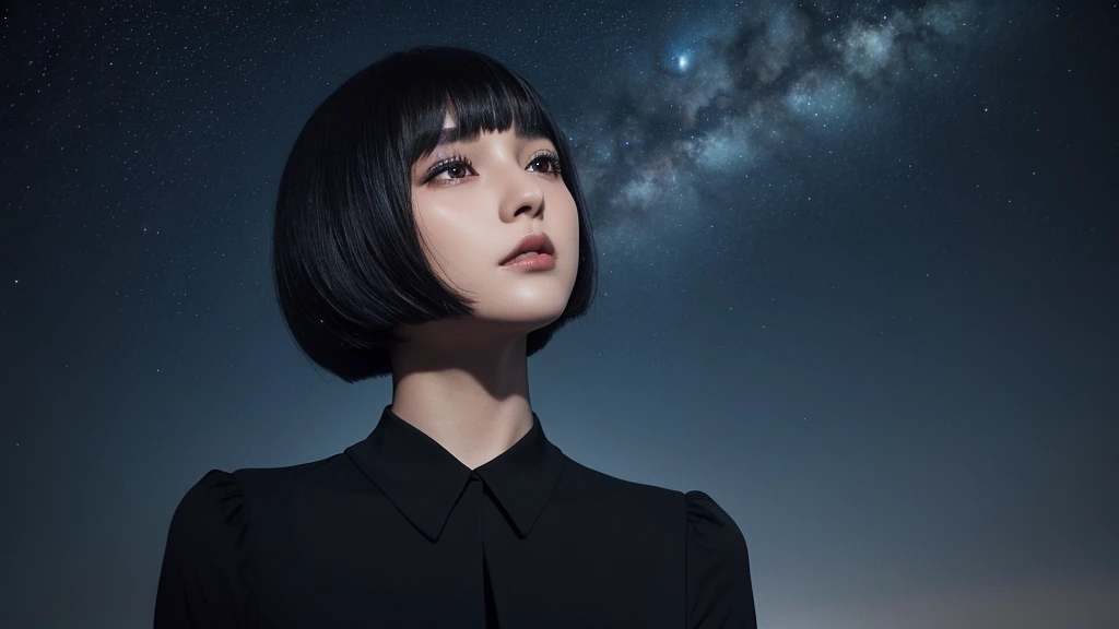 Delicate and dainty young woman with shiny bob-cut black hair . She is wearing black dress. The background is a fantastic and ethereal night sky that seems to be haunted by a specter. Her expression is stern and atmospheric. Angle from directly below.
