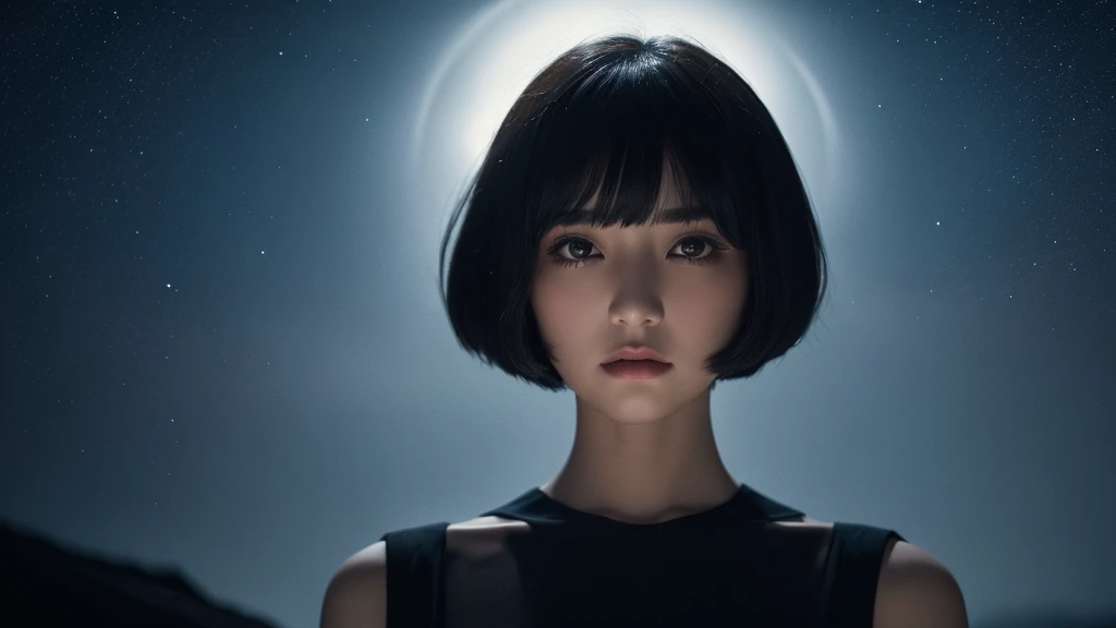 Delicate and dainty young woman with shiny bob-cut black hair . She is wearing black dress. The background is a fantastic and ethereal night sky that seems to be haunted by a specter. Her expression is stern and atmospheric. Angle from directly below.