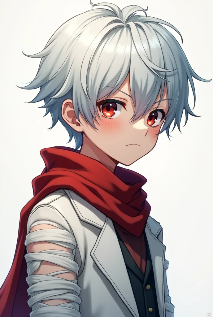 A 12 year old boy in anime style, She has white hair, White coat, red scarf and bandaged arm
