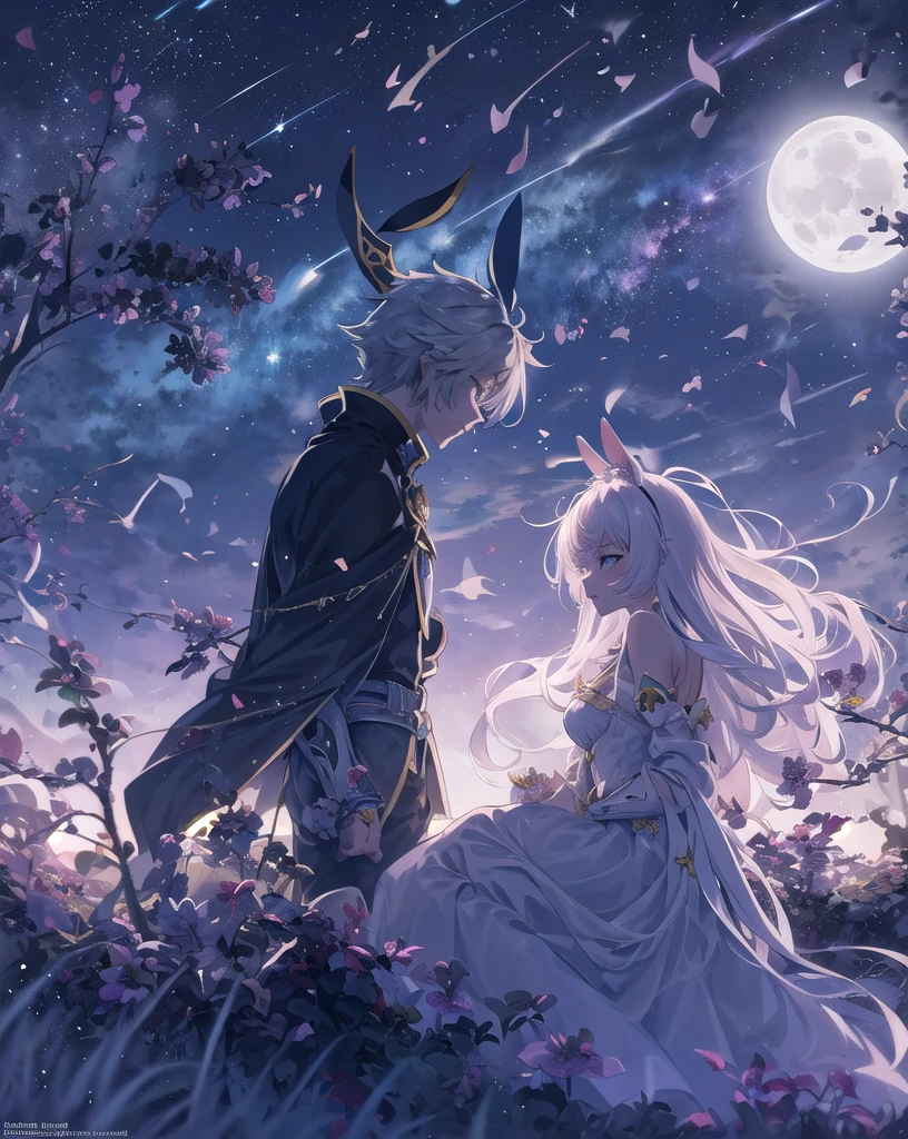 masterpiece, Highest quality, 1 girl and 1 man,Bunny ears:1.5, They are staring at each other, Confession, Small breasts, ((Under the moonlight, beautiful milky way)), Wearing a dress, skirt, フレアskirt, smile, Anime Fantasy, Flowing white hair, Fantasy Anime, Ethereal Anime, Beautiful anime art, Beautiful digital art, Anime Fantasyアートワーク, Anime Fantasyアートワーク