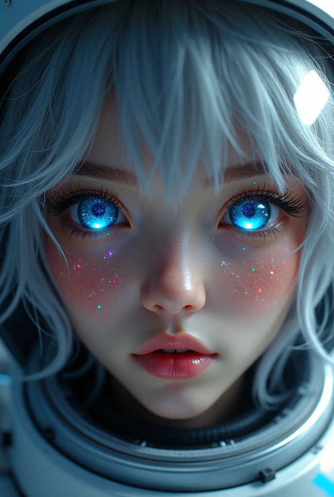 (Close-up of a better masterpiece:1.5)0.9], (Space and astronauts:1.2) (Messy silver hair:1.1) (Heterochromia xanthochromia and blue eyes:1.2) (Space Helmet:1.0) (Colored stars in the eyes:1.0) (A radiant glow:1.1) (thick lips:0.9)