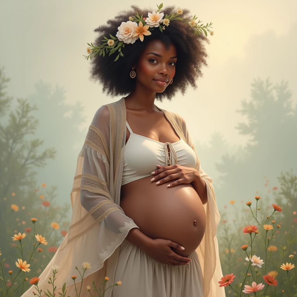 A beautiful fair pregnant African American woman wearing a boho-inspired outfit with a loose, patterned kimono over a simple tank top and a long, flowy skirt. Add a flower crown for a whimsical touch.