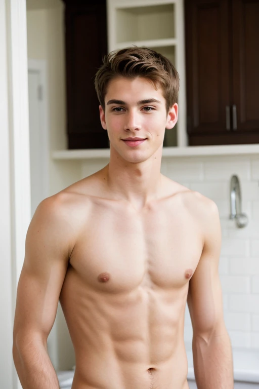 young, Beautiful, handsome, white, skinny, soft skin, beautiful face, shirtless, watching him from his grandmother's window as he knits for his clothes on an antique knitting machine