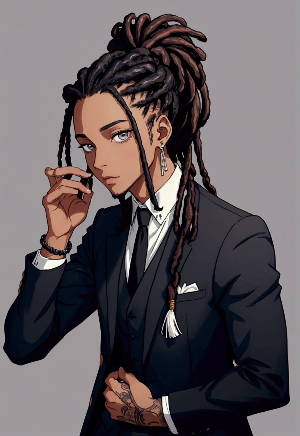 Garçon africain tout le corps dans un style anime:1.2, Façonné avec force et ongles pointus, Porter une pulle americain marron  et un pantalon noir, Dans un environnement sombre avec un contraste élevé. visage doux, Dreadlocks bleu clair sur un coté, style dreadlock cheveux attaché en chignon latéral., homme adulte âgé de 28ans , Il n’y a pas de marques sur le visage