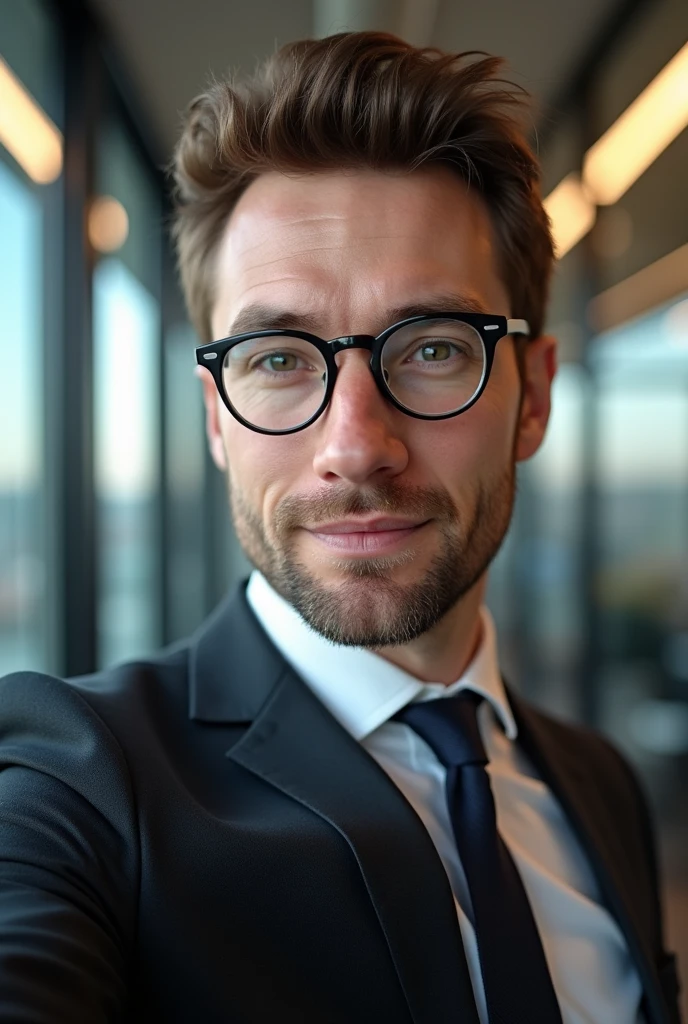 average man, ugly, wearing glasses, 30 years old, taking a selfie wearing a suit at an office