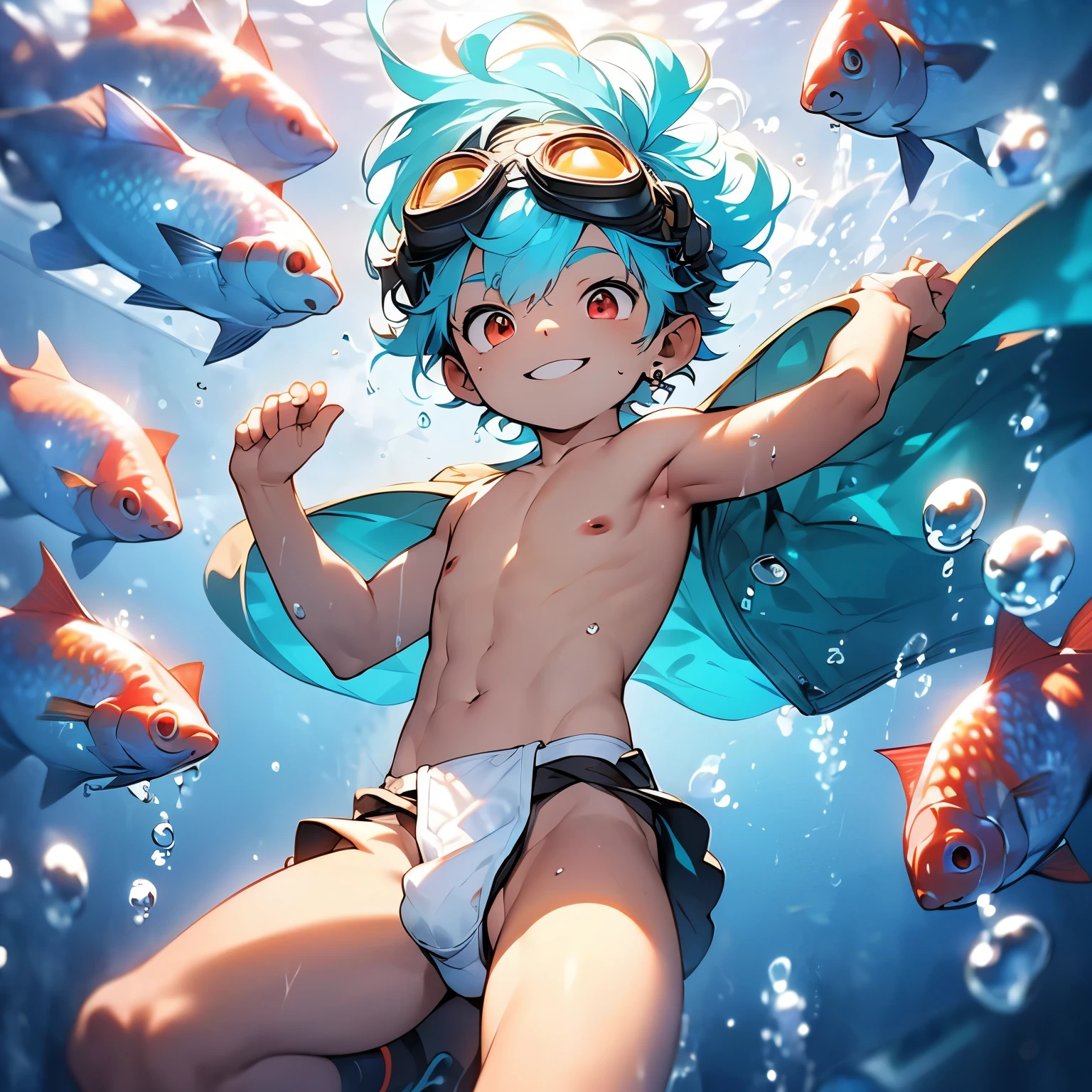 (boldline:-1.6), (floating:2), (water drop:1.4), (under water:1.8), (raising arms:1.5), (raising legs:1.3), (best quality:1.3), (absolutely resolution:1.3), (ultra detailed:1.3), (masterpiece:1.3), (perfect face:1.5), (detailed face:1.5), (detailed eyes:1.5), (cute face), (shota:1.7), (topless:1.5), BREAK (wearing goggles:1.8), (white loincloth:1.5), (bulge:1.5), (see through wet clothes), (skinny:1.3), (spiked hair), BREAK (light blue hair:1.4), (smiling:1.5), (wine red eyes:1.3), (eyes with high light), ((mole under eye)), ((earrings)), (shiny skin:1.3), BREAK (in sea:1.5), (group colorful small fishes:1.5), (bubble:1.3), (wind blowing:1.5), (nipple), (abs), (groin), wide angle, ((from below)), face focus,