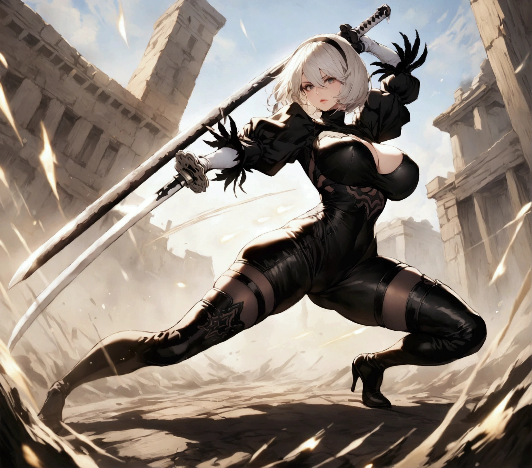 Best Quality, 2B Nier Automata, with huge breasts suit, Whole body, fought, with katana