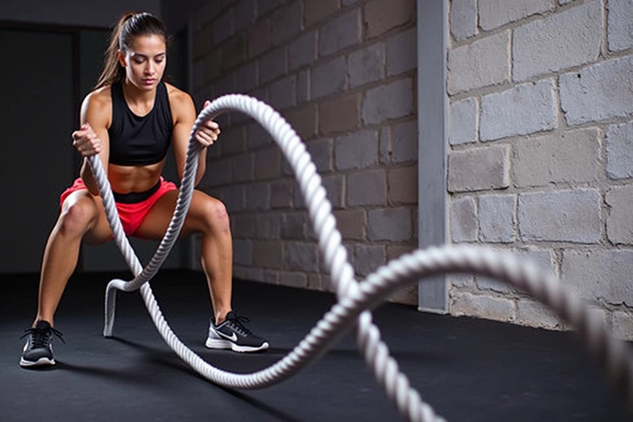 Create a hyper-realistic photograph of a Latina woman performing an exercise with black ropes in a gym. Let the activity be “Rope Training”. make the model'The action seems dynamic., that invites women to improve their body physically. With very clear and natural lighting.. Let the shot be far, at a three-quarter angle and see the perspective of the black ropes and the gym. Make photography look modern and dynamic..