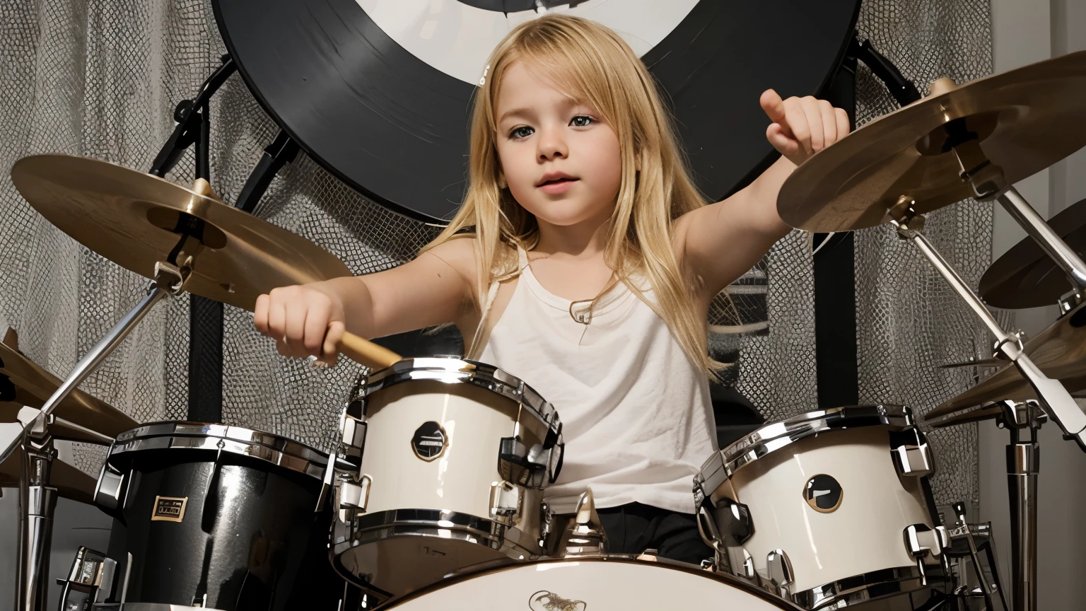 raise blonde child playing drums