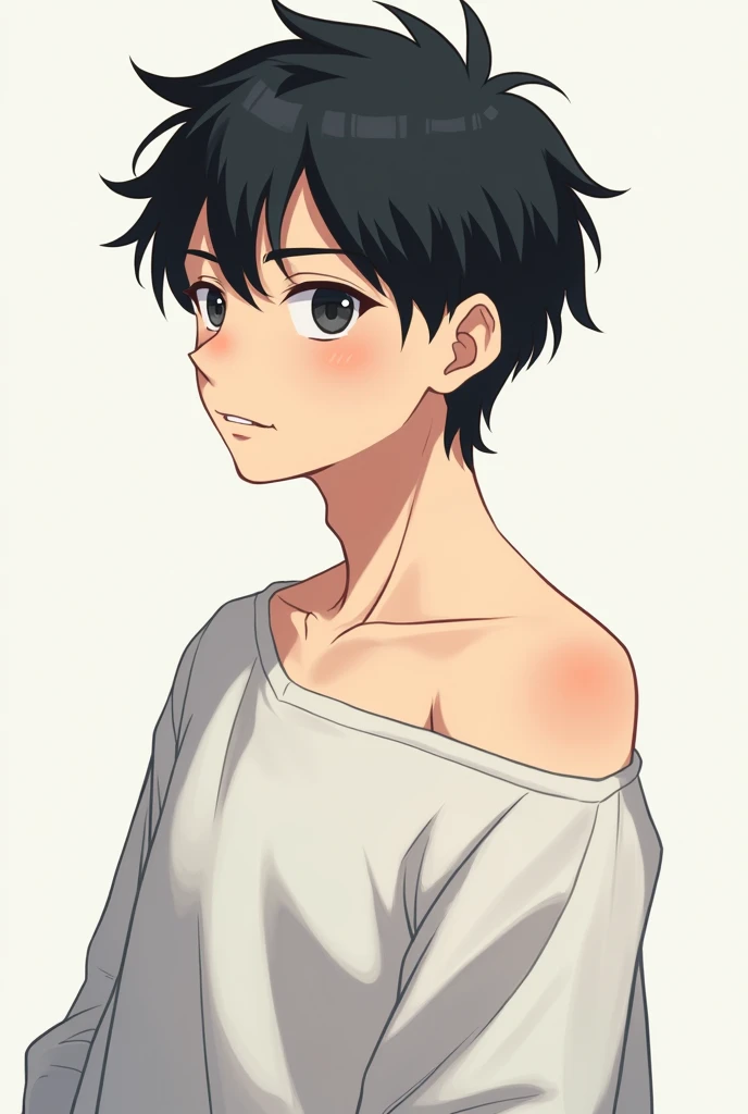 An anime character boy with no beard but with some moustaches black hair and wearing drop shoulders