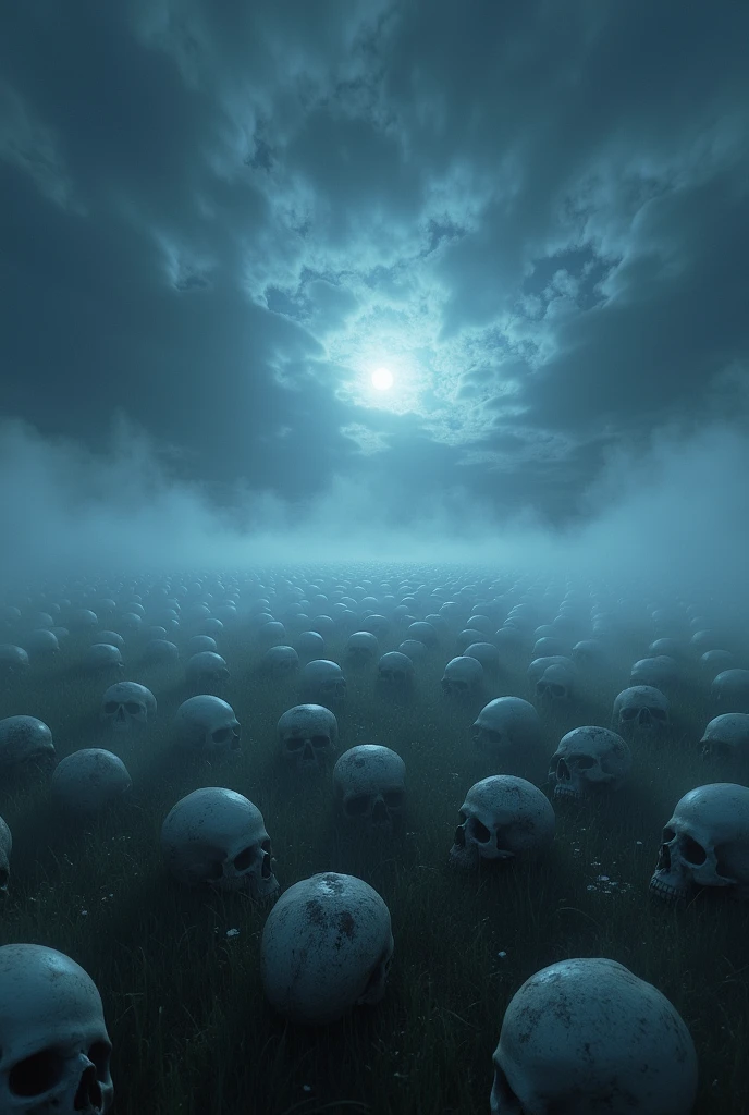 Create an image of an open field at night with a floor made of skulls and white fog on the ground