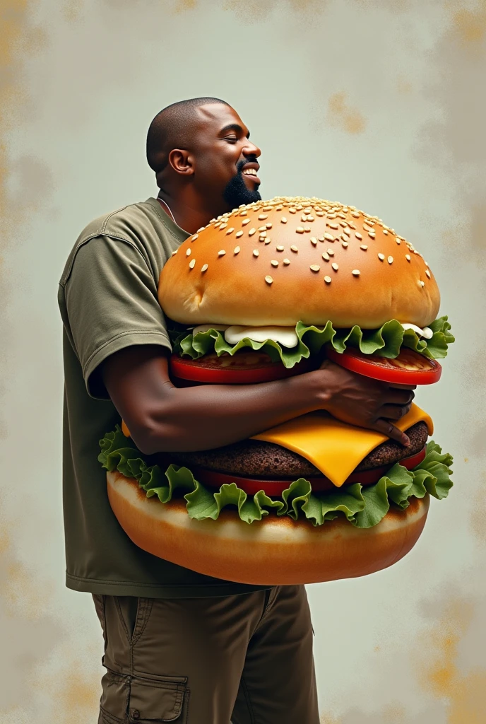 Create a high-definition 3D image of a black man with tattoos, holding a white sneaker in one hand and a hamburger in the other.
The man should be standing in front of a white background. He should be wearing a black T-shirt, jeans, and sneakers. He should have short black hair and a beard. His tattoos should be visible on his arms and chest.
The sneaker should be a white Nike Air Jordan 1. It should be clean and new. The hamburger should be a large, juicy hamburger. It should have a sesame seed bun, two beef patties, cheese, lettuce, tomato, and pickles.
The image should be rendered in a realistic style. The man and the objects should be well-defined and have a smooth surface. The colors should be vibrant and accurate.
