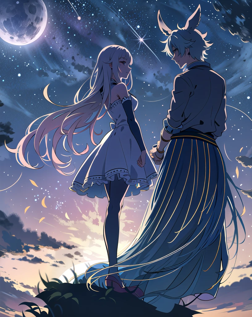 masterpiece, Highest quality, 1 girl and 1 man, Silhouette of a man, They are staring at each other, Small breasts, ((Under the moonlight, beautiful milky way)), Wearing a dress, skirt, フレアskirt, smile, Anime Fantasy, Flowing white hair, Fantasy Anime,Bunny ears:1.5, Ethereal Anime, Beautiful anime art, Beautiful digital art, Anime Fantasyアートワーク, Anime Fantasyアートワーク, Sheet