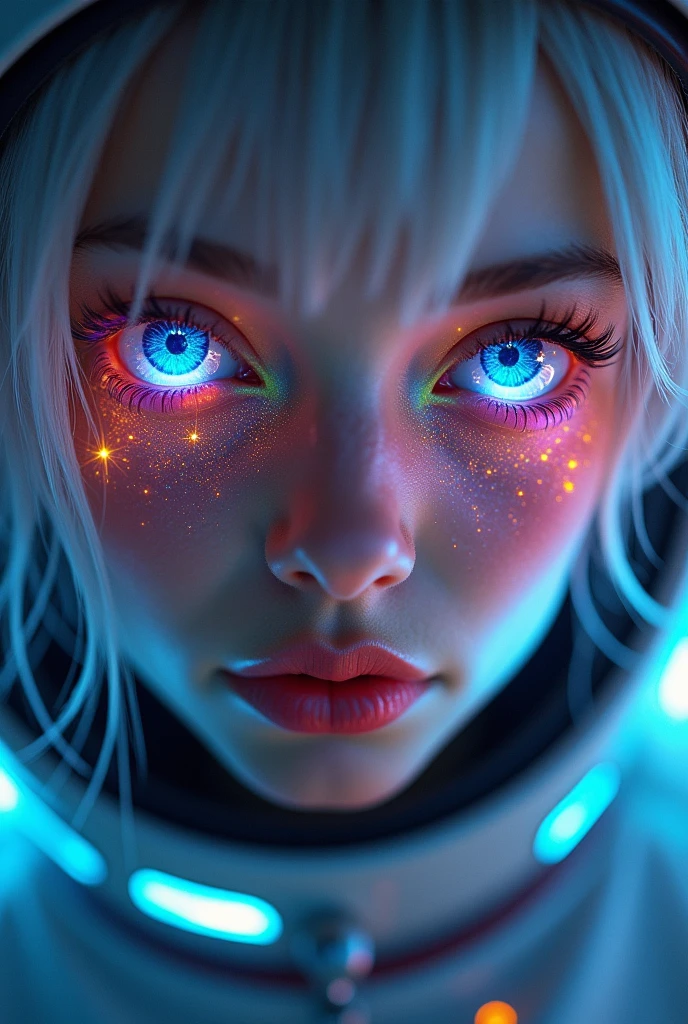 (Close-up of a better masterpiece:1.5)0.9], (Space and astronauts:1.2) (Messy silver hair:1.1) (Heterochromia xanthochromia and blue eyes:1.2) (Space Helmet:1.0) (Colored stars in the eyes:1.0) (A radiant glow:1.1) (thick lips:0.9)