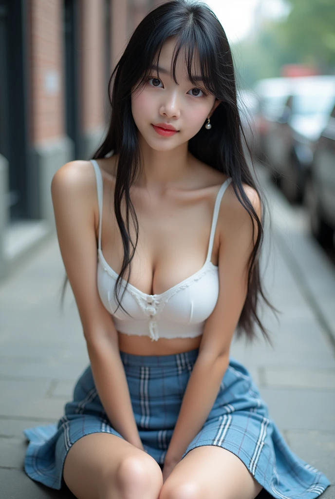 ((best quality, 8K, masterpiece: 1.3)), beautiful girl, pure, melon face, kind and cute, sweet smile, pure desire, slender body, (front), (tilted head), white bra, blue tartan mini skirt , long black silky straight hair, windy hair, long flowing shoulders, round black big eyes, clear big eyes, moist red lips, sweet, sitting on city street, ((((whole body)))), sexy long legs, small breast, lift your own miniskirt, white slim silky slightly lacy panties, (small breasts:1.3), cameltoe, slim muscular body, (M-legs position:1.2), ((from below)), ((lifting you own skirt:1.3))