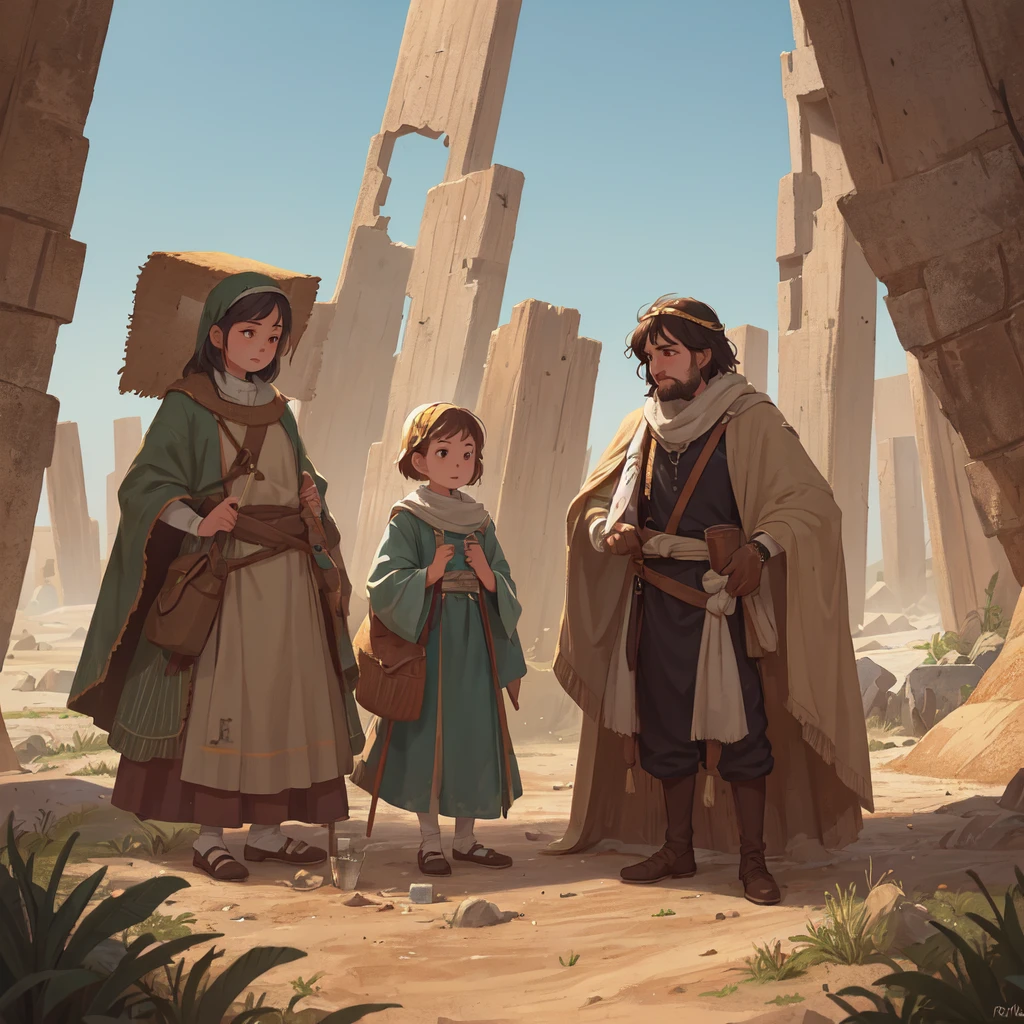 [Core Concept] A scene depicting the biblical figure Moses encountering a well of water in the desert, where he helps a group of women.

[Character Description] A 30-year-old adult man, Moses, is the central figure, shown assisting a group of women dressed in humble, desert-appropriate clothing.

[Environment/Background] The scene takes place in a vast, arid desert landscape, with a large tent visible in the background, suggesting a temporary settlement or encampment.

[Style and Atmosphere] The overall style is realistic and well-crafted, with attention to detail in the clothing, expressions, and environmental elements, conveying a sense of authenticity and historical accuracy.

[Composition] The composition is balanced, with Moses and the women positioned prominently in the foreground, while the large tent serves as a focal point in the background, framing the central interaction.

[Details and Embellishments] The women's clothing is depicted in muted, earthy tones, reflecting the harsh desert environment, and the well itself is a central feature, emphasizing the importance of this scarce resource in the arid setting.

[Technical Specifications] The scene is rendered with a high level of detail and technical proficiency, showcasing the artist's skill in depicting the human figures, clothing, and environmental elements in a cohesive and visually striking manner.