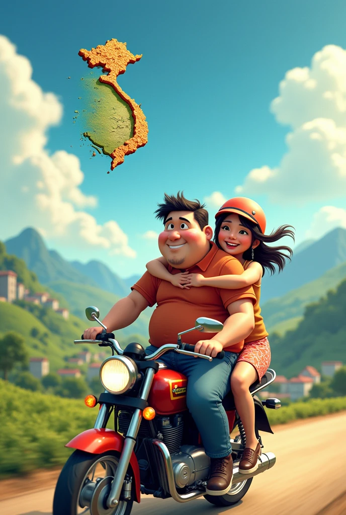 Fat guy carries his cute girlfriend on a motorbike wearing a helmet around Vietnam, Vietnam map in the sky PhotosAnimation 