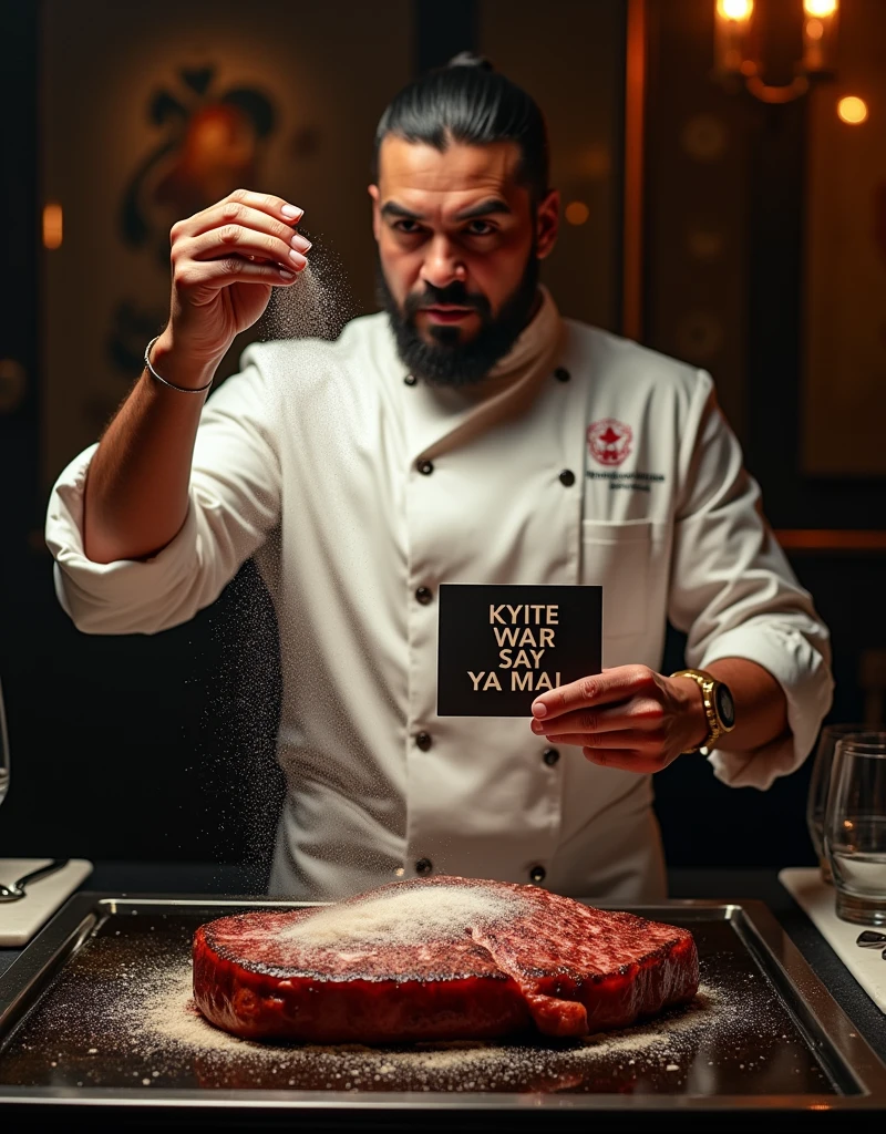 Salt bae spilling salts on a steak with one hand and another hand holding a sign with text "Kyite War Say Ya Mal"