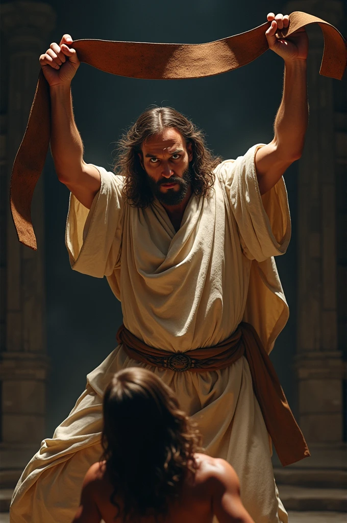 Jesus hitting someone with a belt