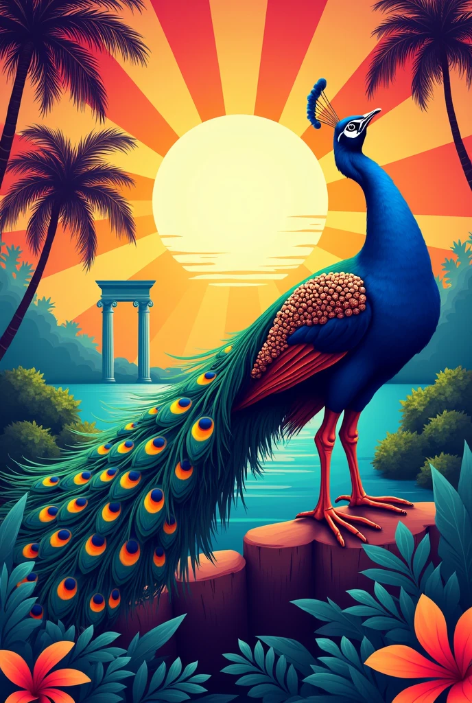 Poster for sports fest with four sun rays, peacock and coconut tree and corinthian column
