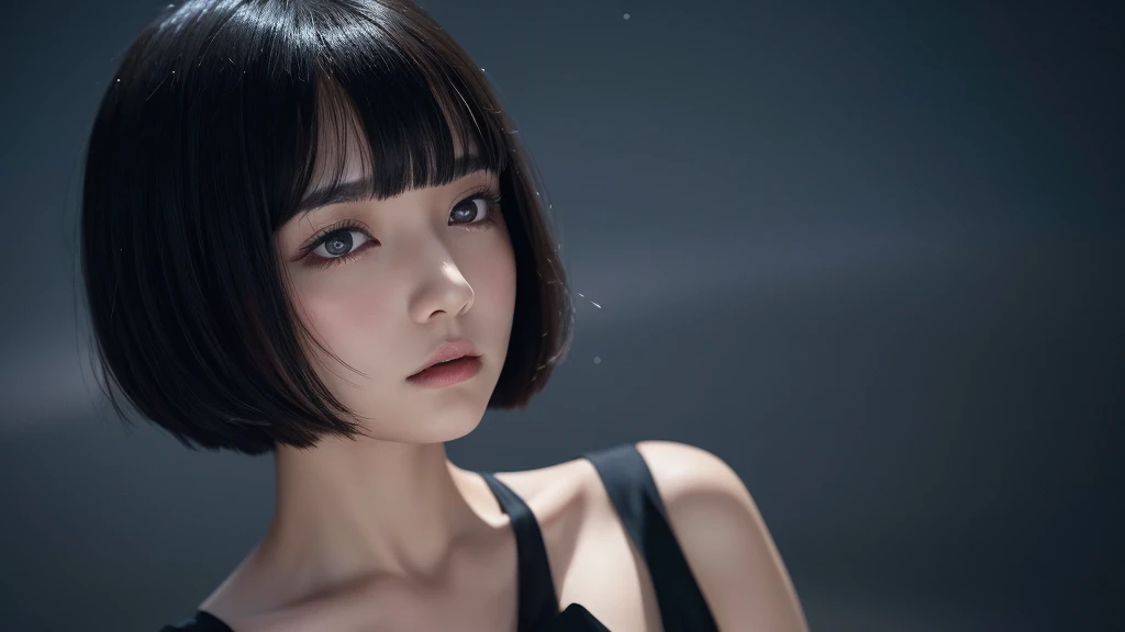 Delicate and dainty young woman with shiny bob-cut black hair . She is wearing black dress. The background is a fantastic and ethereal night sky that seems to be haunted by a specter. Her expression is stern and atmospheric. Angle from directly below.