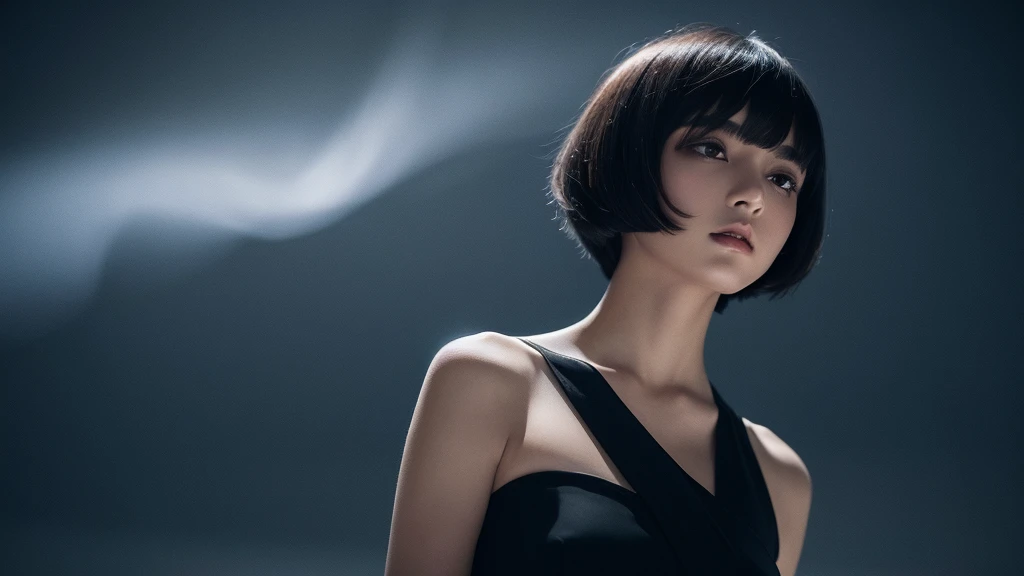 Delicate and dainty young woman with shiny bob-cut black hair . She is wearing black dress. The background is a fantastic and ethereal night sky that seems to be haunted by a specter. Her expression is stern and atmospheric. Angle from directly below.