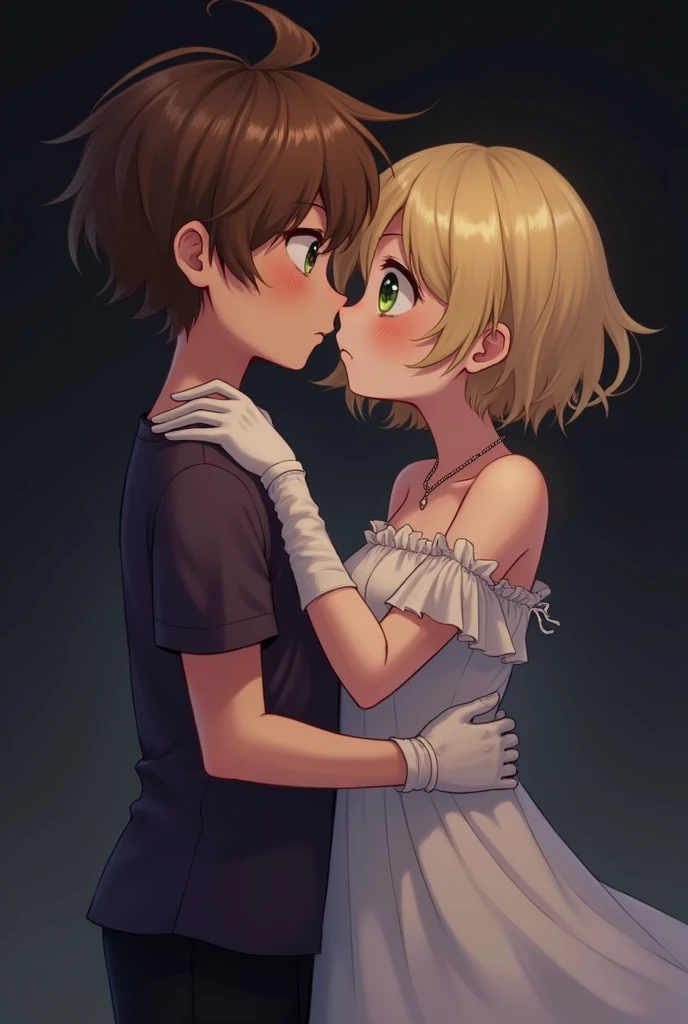masterpiece,Best quality, boy and girl,boy with brown hair, girl with blonde hair and green eyes,look at each other, just concentrate, girl weighs over boy, almost kissing, dark background, Dark atmosphere. boy with black shorts and dark purple T-shirt, girl in a white dress with small details, bare shoulders and white half-gloves that do not cover the fingers (like Lumine), girl's short hair