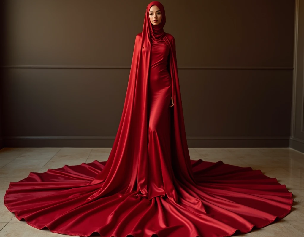 An alluring woman shrouded in a 4-meter-long, plush red satin cloth, tightly bound and grandly draping along the form of her body, flowing off into a pooled floor-length train, styled in a mermaid-inspired outfit, her head modestly veiled in a satin hijab, shiny fabric, a full-body pose conveying a sense of mysterious elegance, captured in a 4k resolution, ultra-realistic