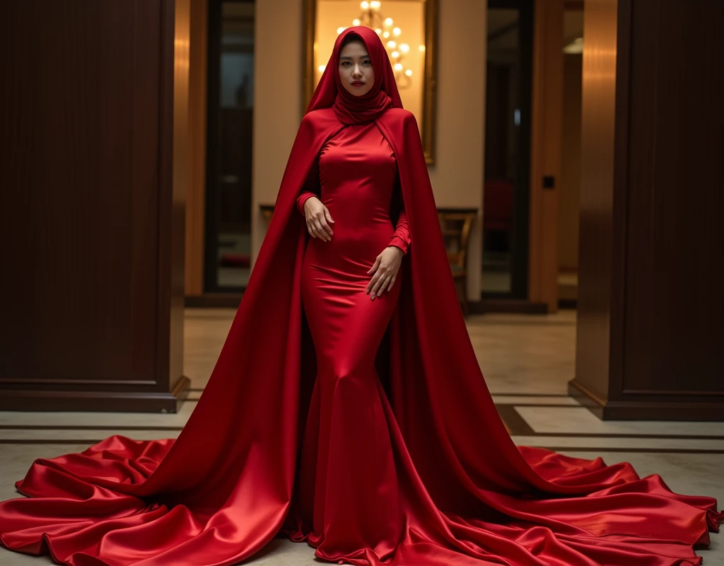 A indonesia woman shrouded in a 4-meter-long, plush red satin cloth, half nude, tightly bound and grandly draping along the form of her body, flowing off into a pooled floor-length train, styled in a mermaid-inspired outfit, her head modestly veiled in a satin hijab, in hotel loby, a full-body pose conveying a sense of mysterious elegance, captured in a 4k resolution, ultra-realistic