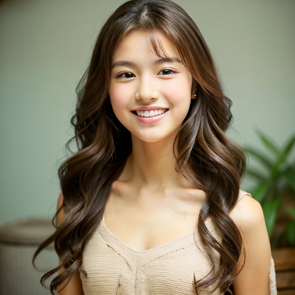 Beautiful girl,white skin,chest, smile, open mouth, blue eyes, brown hair, เปิดchest,