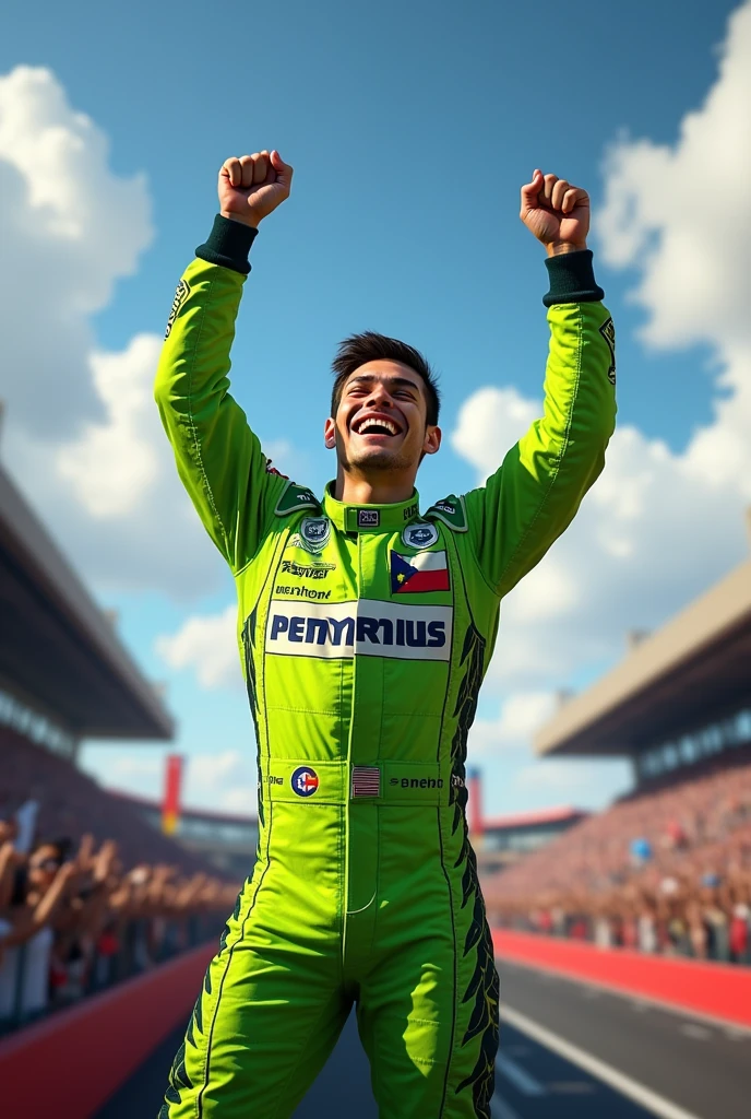 Formula 1 filipino racer with green suit celebrating