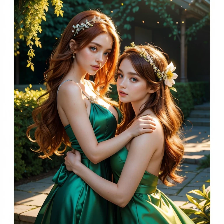 (masterpiece, best quality:1.5), highest quality, High resolution, super detailed, Realists, Full body photo of redhead woman, long open straight hair, detailed and beautiful eyes, beautiful detailed lips, very detailed eyes and face, longeyelashes, Woman in green and blue short airy pleated dress made of shiny satin fabric, Beautiful and colorful makeup, elegant and noble々Pose, Satin headbands and jewelry, Gardens as background, soft daylight, bright colors, fine brushstrokes, Portrait style, Plain dress fabric, beautiful color palette, glowing skin, First-class rendering, that captures every detail, enchanting atmosphere, subtle shadows and lights, (perfect anatomy:1.2), (Two stunning women with their mouths open, Surprised look.