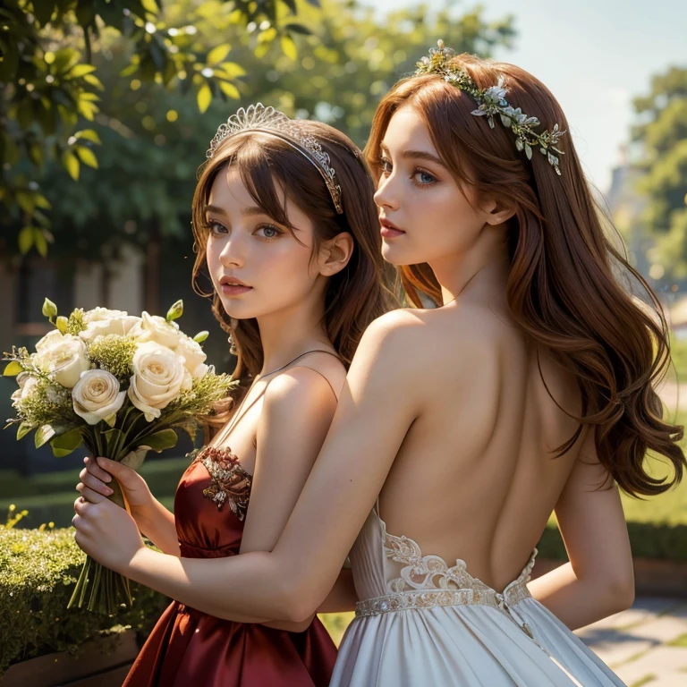 (masterpiece, best quality:1.5), highest quality, High resolution, super detailed, Realists, Upper body photo of an 18-year-old red-haired flower girl, detailed and beautiful eyes, beautiful detailed lips, very detailed eyes and face, longeyelashes, 18-year-old woman in a short dress made of shiny satin fabric with floral pattern, Beautiful and colorful makeup, elegant and noble々Pose,shiny satin headband, grind, Holding flowers, Gardens as background, soft daylight, bright colors, fine brushstrokes, Portrait style, Noble details in the dress fabric, beautiful color palette, glowing skin, First-class rendering, that captures every detail, enchanting atmosphere, subtle shadows and lights, (perfect anatomy:1.2), (The two stunning 18-year-old flower girls carry baskets of silk scarves (magnificent panorama view:1.2)
