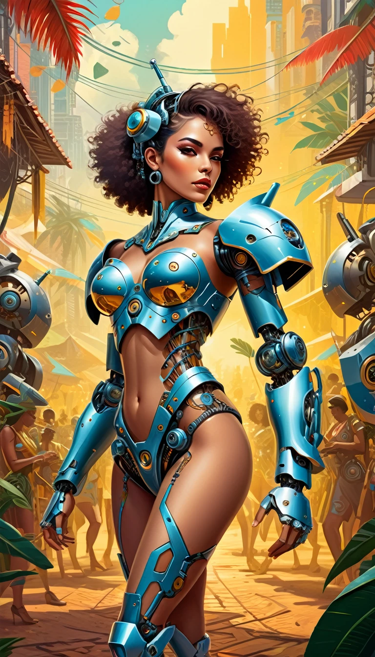 Intricate illustration in surrealist art style，mecha girl，Brazilian women, Cyborg in brazilian samba festival style, full background