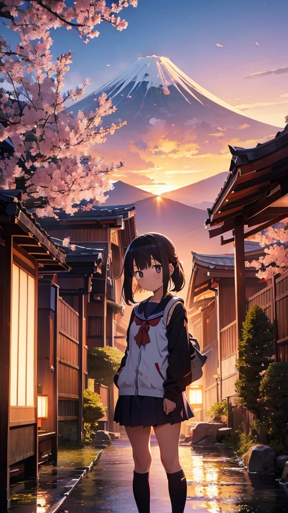 Themed wallpapers "Make Your Parents Proud" Japanese anime style features child characters in school uniforms standing confidently in front of Mount Fuji and cherry blossom trees. The background is a gradated orange-purple twilight sky, with the silhouette of parents smiling proudly in the distance. Text "Make Your Parents Proud" written in Japanese calligraphy font, surrounded by special elements such as torii gates and koi fish, creating an inspiring and authentic Japanese atmosphere.