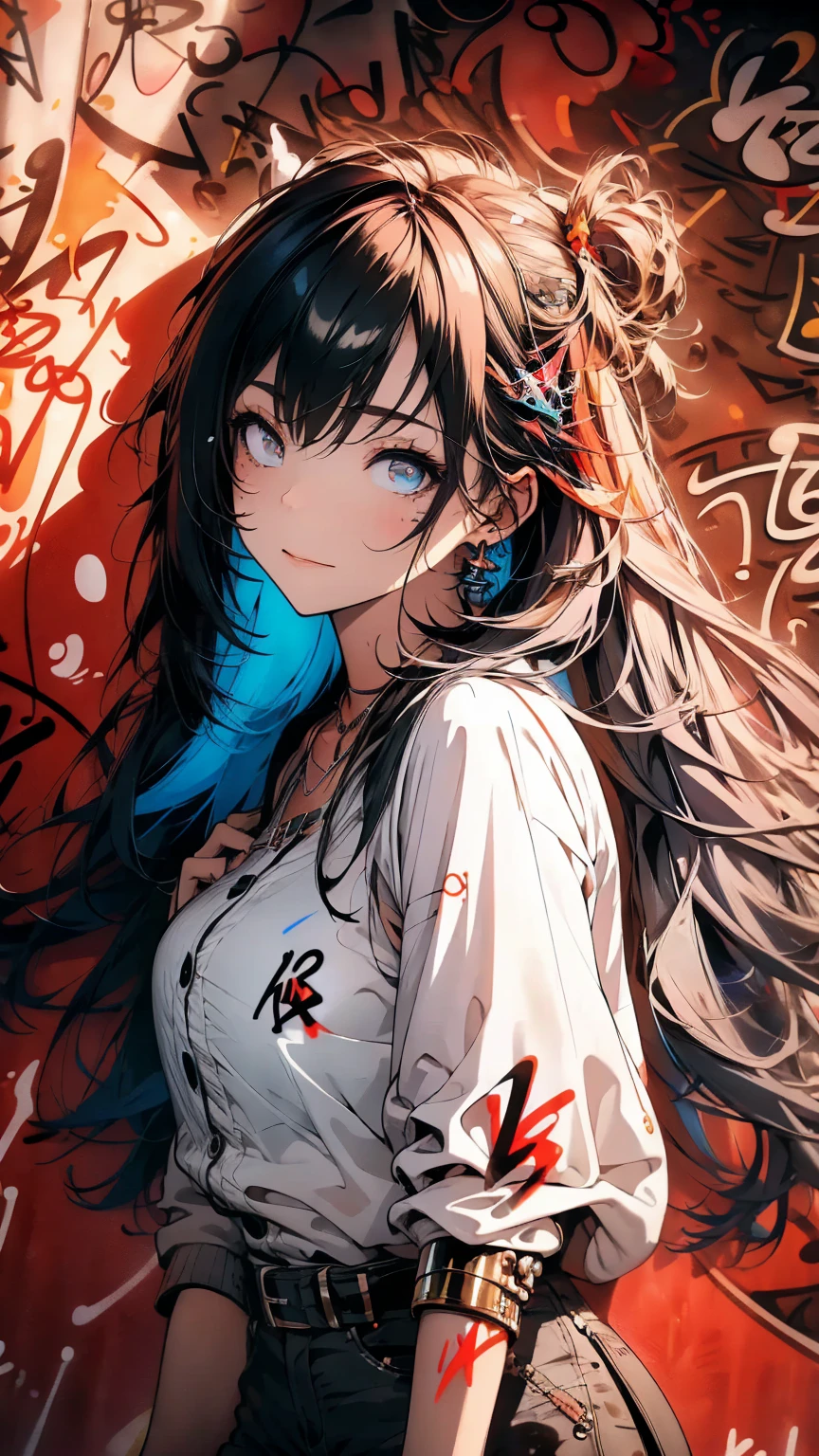 masterpiece, Best Quality, 1 girl, One, radiance (arknights), (Graffiti:1.5), paint splash, hands on the belt, Close to the wall, looking at the viewer, body paint, nod, bored,
